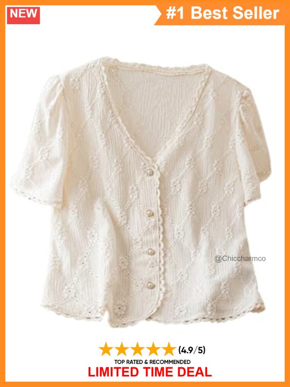 Women's Floral Embroidered Button Down Blouse V-Neck Puff Sleeve Frill Trim